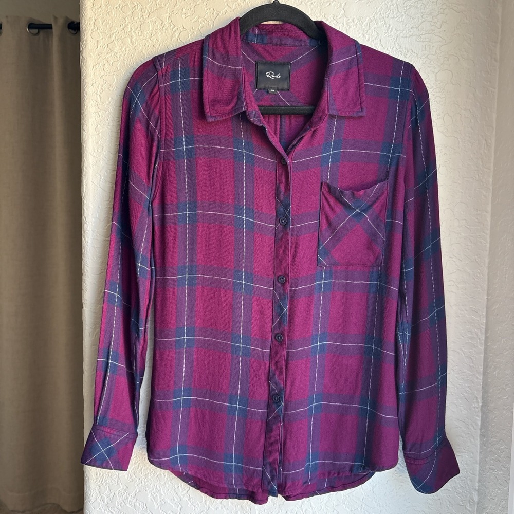 Rails Womens XS Plaid Hunter Button Down Shirt Burgundy‎ Navy Long Sleeve Rayon